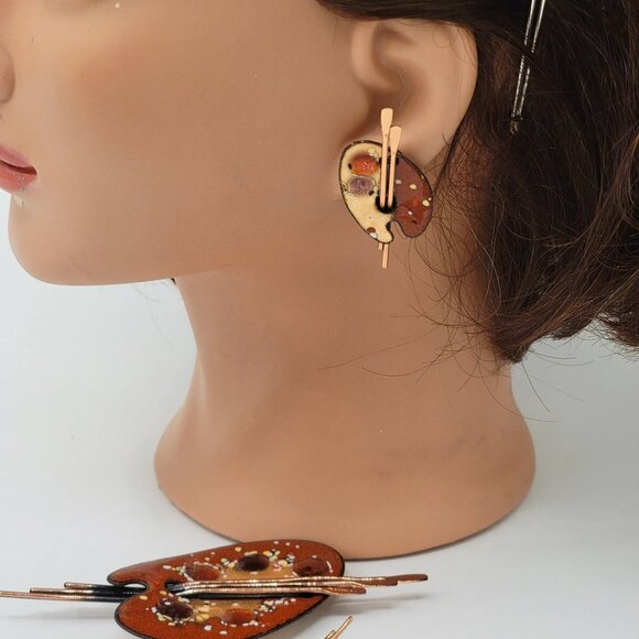 Vintage Signed Matisse Artist Palette Brooch and Clip-on Earring Set - Picture 4 of 10